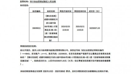 成都希顿国际酒店第八次拍卖落槌,以5亿元成交