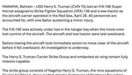美官员透露战机坠海“细节”:杜鲁门号航母因躲避胡塞袭击急转弯