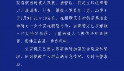 一女子在演出场所遭猥亵，杭州警方：嫌疑人被刑拘