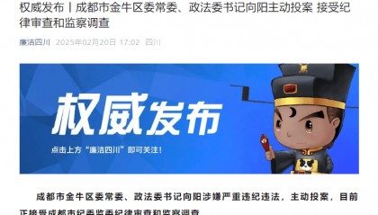 主动投案!成都市金牛区委常委、政法委书记向阳接受审查调查